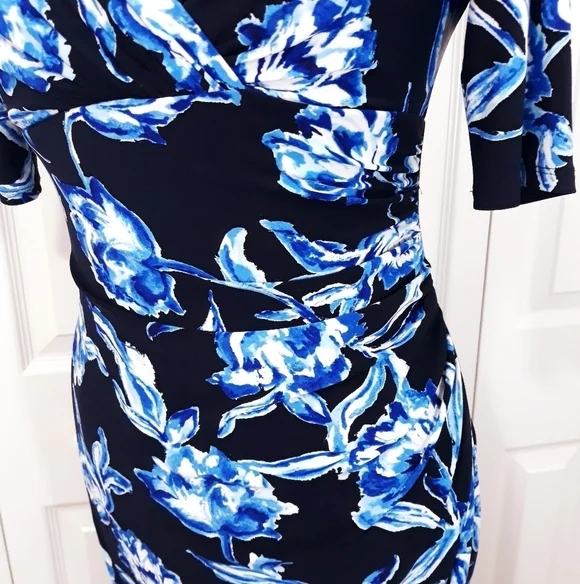 Lauren Ralph Lauren Dress Short Sleeve Floral on Navy Blue Sthetcy Size 6 - Picture 4 of 14